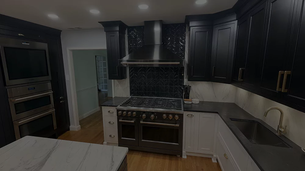 Beautiful dark wood kitchen with tile backsplash