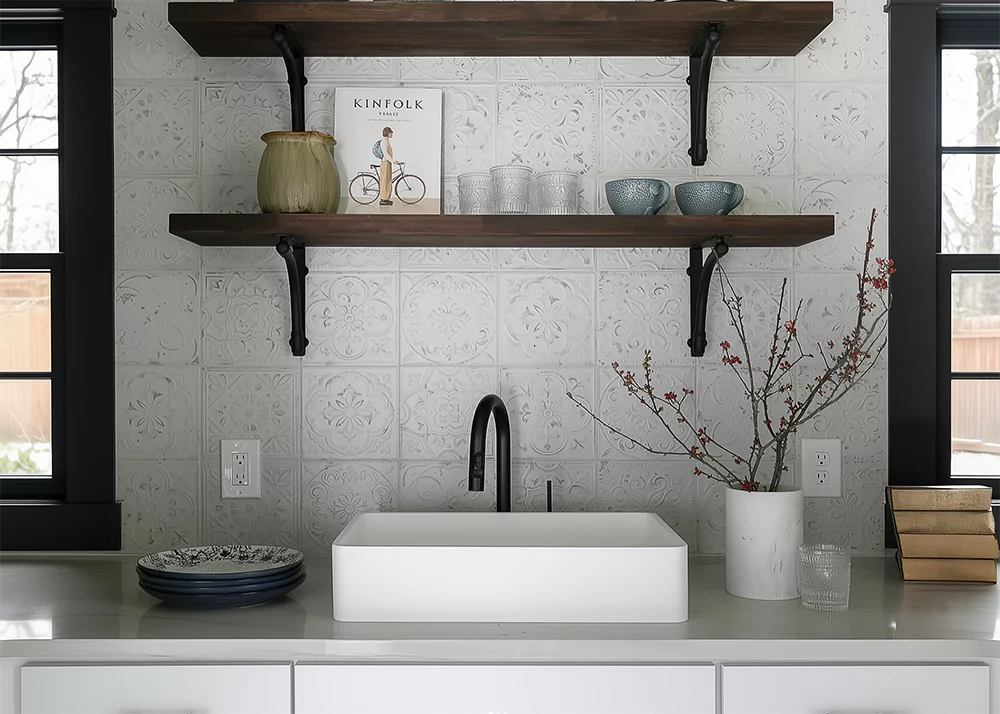 Square tile white kitchen backsplash